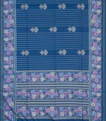Blue Woven Art Tussar Saree With Stipes & Printed Floral Motifs-BL3990