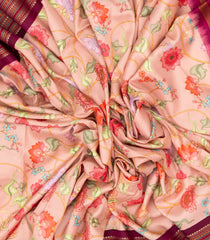 Light Peach Handloom Silk Saree With Printed Floral Motifs & Contrast Border-PS0540