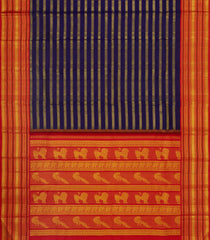 Dark Blue Handloom Korvai Kanchipuram Silk Saree With Motif Zari Stripes-KA16677