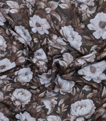 Dark Brown Printed Synthetic Linen Saree With Floral Motifs-SY0207