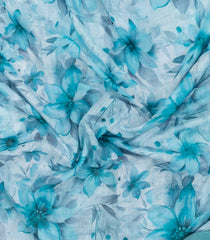 Turquoise Printed Synthetic Linen Saree With Floral Motifs-SY0198