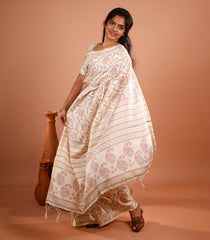 Off White Printed Synthetic Tussar Silk Saree With Floral Motifs & Zari Border-SY0491