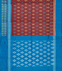 Maroon Handloom Ikat Silk Saree With Contrast Blue Border