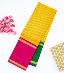 Yellow Handloom Kanchipuram Korvai Silk Saree With Checks & Ganga Jamuna Border