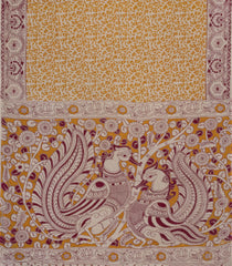 Taupe Woven Kalamkari Cotton Saree With Yellow Printed Motifs-KAL1156