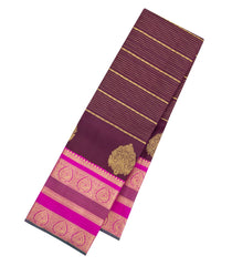 Dark Maroon Handloom Kanchipuram Silk Saree With Zari Stripes & Buttas-KA16371