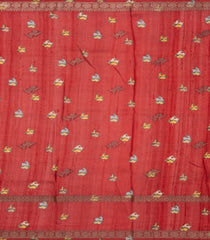 Red Handloom Tussar Silk Saree With Printed Deer Motifs-TU3217
