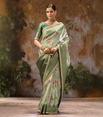 Cardamom Green Woven Blended Organza Saree With Printed Floral Motifs & Zircon Work-BL4536