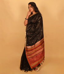 Black Woven Art Tussar Silk Saree With Jasmine Bud Motifs-BL3923