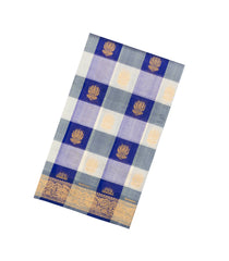 White & Blue Handloom Silk Cotton Saree With Checks & Zari Buttas-SC4625