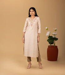 Beige Floral Embroidery Kurta-KR0836