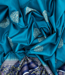 Cyan Woven Art Tussar Saree With Stipes & Printed Floral Motifs-BL3994