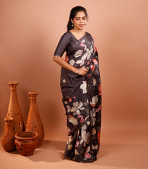 Black Printed Synthetic Tussar Silk Saree With Floral Motifs & Zari Border-SY0495