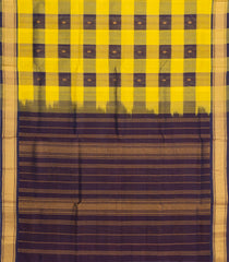 Yellow & Brown Handloom Silk Cotton Saree With Checks & Zari Buttas-SC4621