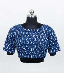 Indigo Printed Ready Made Blouse With Front & Back High Neck-RB5179