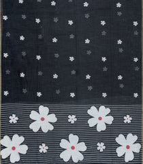 Black Printed Art Linen Saree Flower Motifs With Jhalar-BL6042