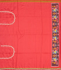 Red Handloom Blended  Silk Saree With Ikat Motifs & Hand Embroidered Selvage-EN1711