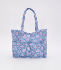 Light Blue Handmade Tote Bag With Printed Motifs With Button (14"H X 17"W X 8"D)-ACS1052