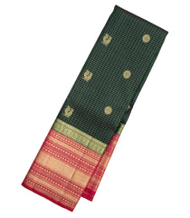 Bottle Green Handloom Korvai Kanchipuram Silk Saree With Checks & Buttas-KA13016