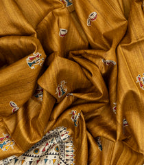 Mustard Handloom Tussar Silk Saree With Printed Tribal Motifs