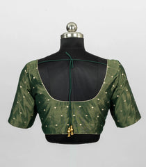 Bottle Green Blended Tissue Readymade Saree Blouse with Gold Polka Dot Butis-RB5285