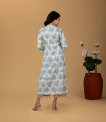 Off-White and Teal Blue Printed Casual Kurta-KR0853