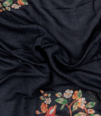 Black Printed Synthetic Linen Saree With Bird Motifs-SY0168