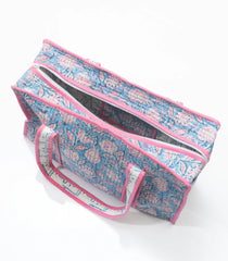 Light Blue Bagru Printed Handmade Cotton Quilted Tote Bag With Zipper-ACS1040