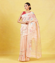 Light Peach Handloom Tussar Silk Saree With Printed Bird Motifs