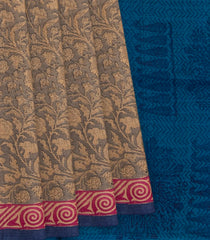 Beige Handwoven Printed Tussar Silk Saree With Vine Motifs & Contrast Blue Pallu-Beige