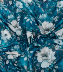 Cyan Printed Synthetic Linen Saree With Floral Motifs-SY0195