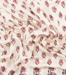 Off White Printed Chanderi Cotton Saree With Pink Zari Border-CC1680