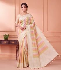 Multi Colour Printed Synthetic Tussar Silk Saree With Zari Stripes-SY0606
