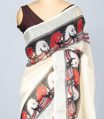 Off White Woven Art Linen Saree With Printed Kalamkari Motifs-BL4636