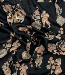 BLack Printed Tussar Silk Saree With Kalamkari Motifs-TU3614