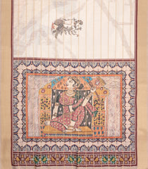 Cream Printed Synthetic Dupion Saree With Zari Stripes & Brown Border-SY0242