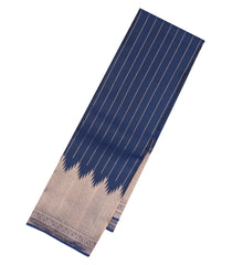 Navy Blue Handloom Soft Silk Saree With Zari Stripes & Temple Border-SO4002