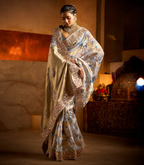 Off White Woven Organza Saree With Heavy Zircon Moti Embrodiery-BL4004