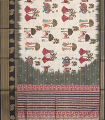 Cream Printed Synthetic Dupion Saree With Zari Stripes & Black Border-SY0233