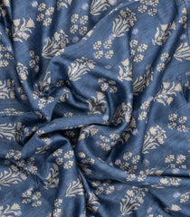Steel Blue Printed Tussar Silk Saree With Floral Motifs-TU3636
