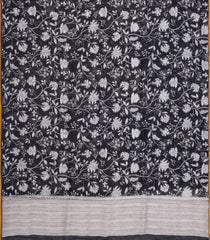 Black Handloom Linen Saree With Printed Floral Motifs-LI0779