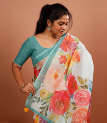 White Printed Synthetic Linen Saree With Floral Motifs & Contrast Border-SY0493