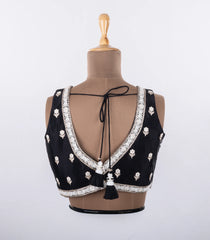 Black Embroidered Blended Raw Silk Readymade Sleeveless Blouse RB5196