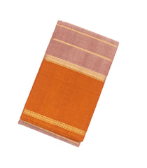 Dusty Pink Handloom Kanchi Cotton Saree With Zari Stripes & Contrast Border