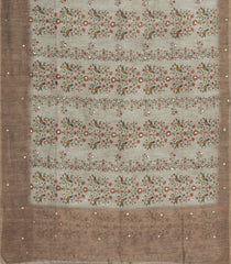 Taupe Printed Synthetic Linen Saree Mirror Work-SY0011