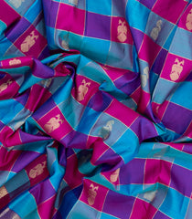 Cyan & Magenta Handloom Kanchipuram Silk Saree With Checks & Buttas-KA15044-Cyan