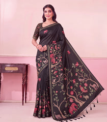 Black Printed Synthetic Kotha SIlk Saree With Animal Motifs & Zari Border-SY0622