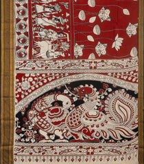 Crimson Woven Kalamkari Printed Cotton Saree & Zari Border