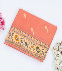 Light Peach Handwoven Banarasi Khaddi Georgette Silk Saree With Peacock Motifs