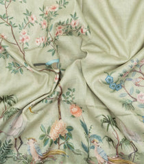 Light Green Printed Linen Saree With Peacock Motifs-LI0750